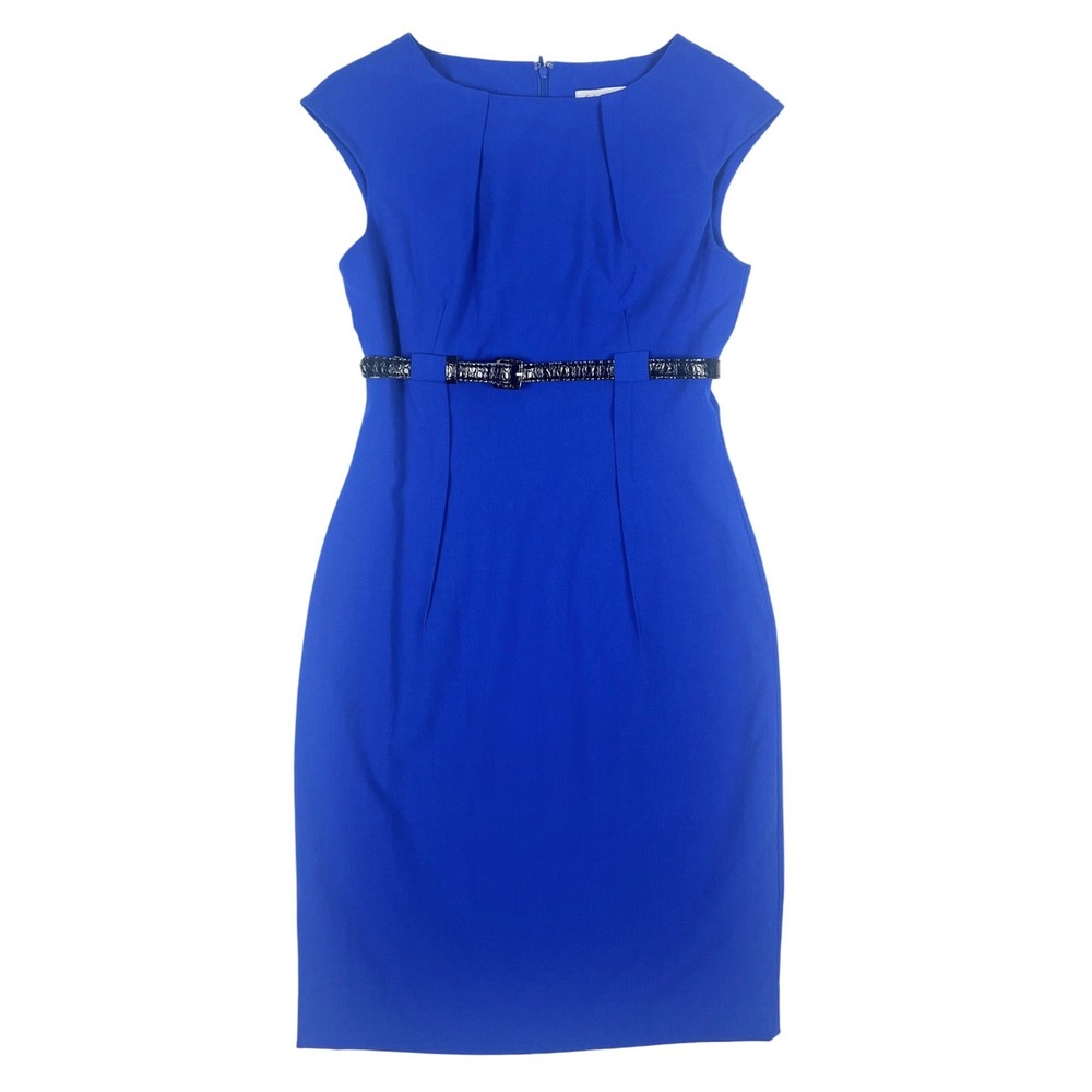 Calvin Klein Womens Blue Pleated Sheath Dress with Belt Size 4 Cobalt Cap Sleeve